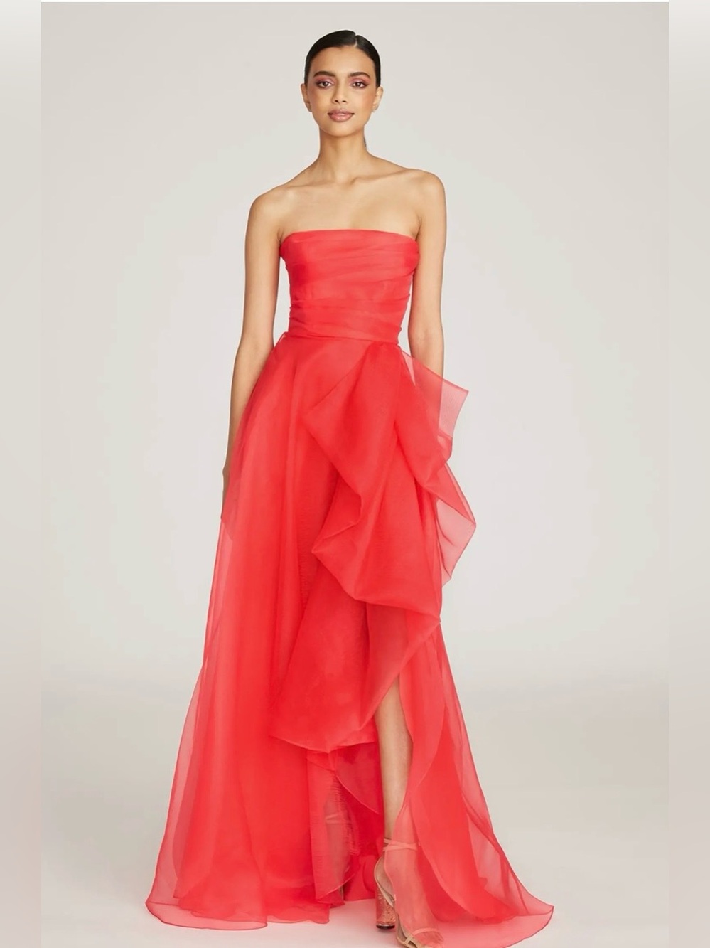 THeIA Teresa Strapless Draped Gown Red Ruffled Strap Evening Dress Size 8